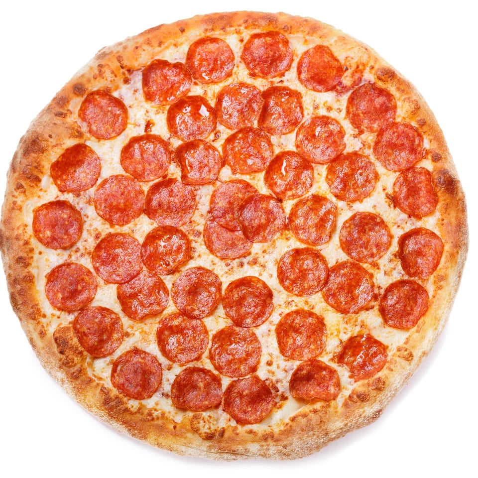 Pepperoni pizza on a white background.