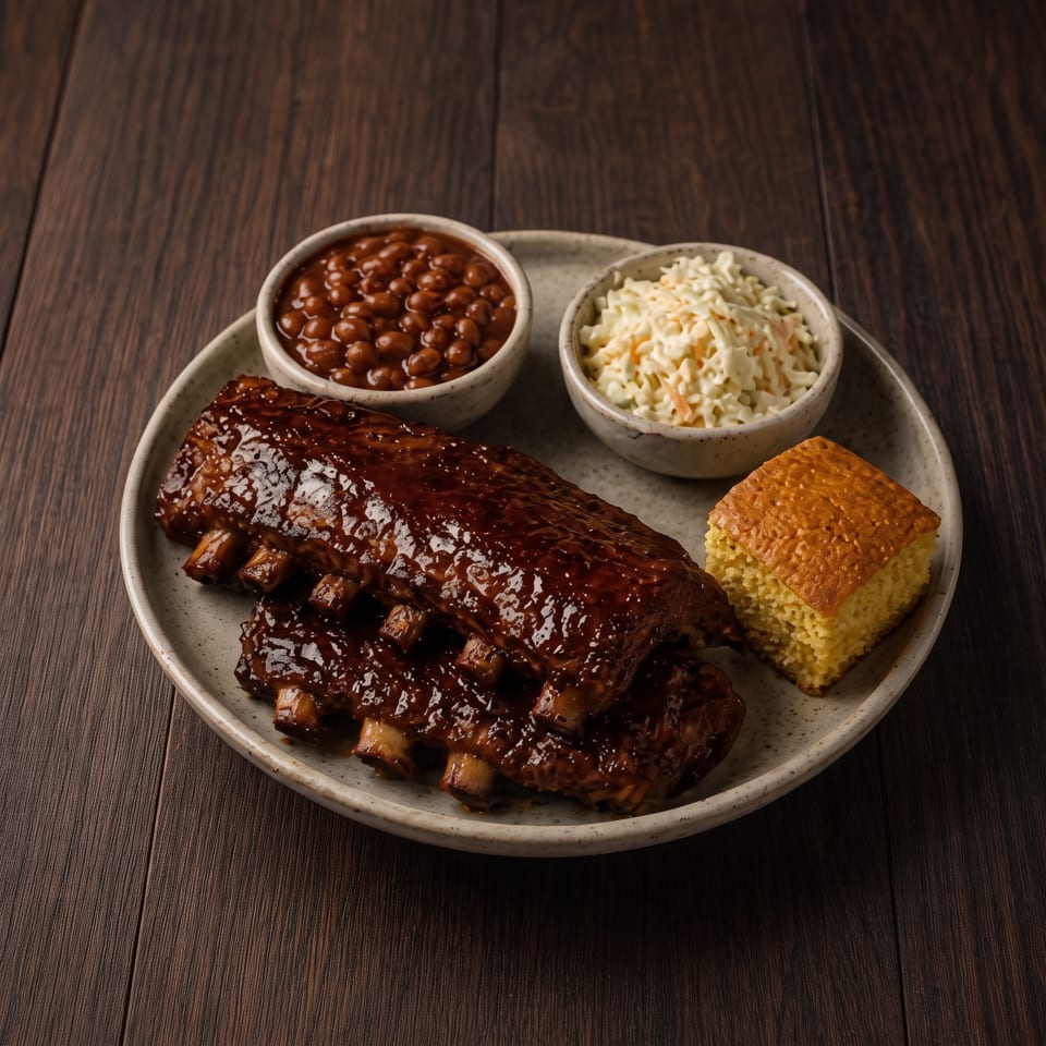 Barbecue ribs with baked beans, creamy coleslaw, and cornbread served on a plate over a dark wooden table.