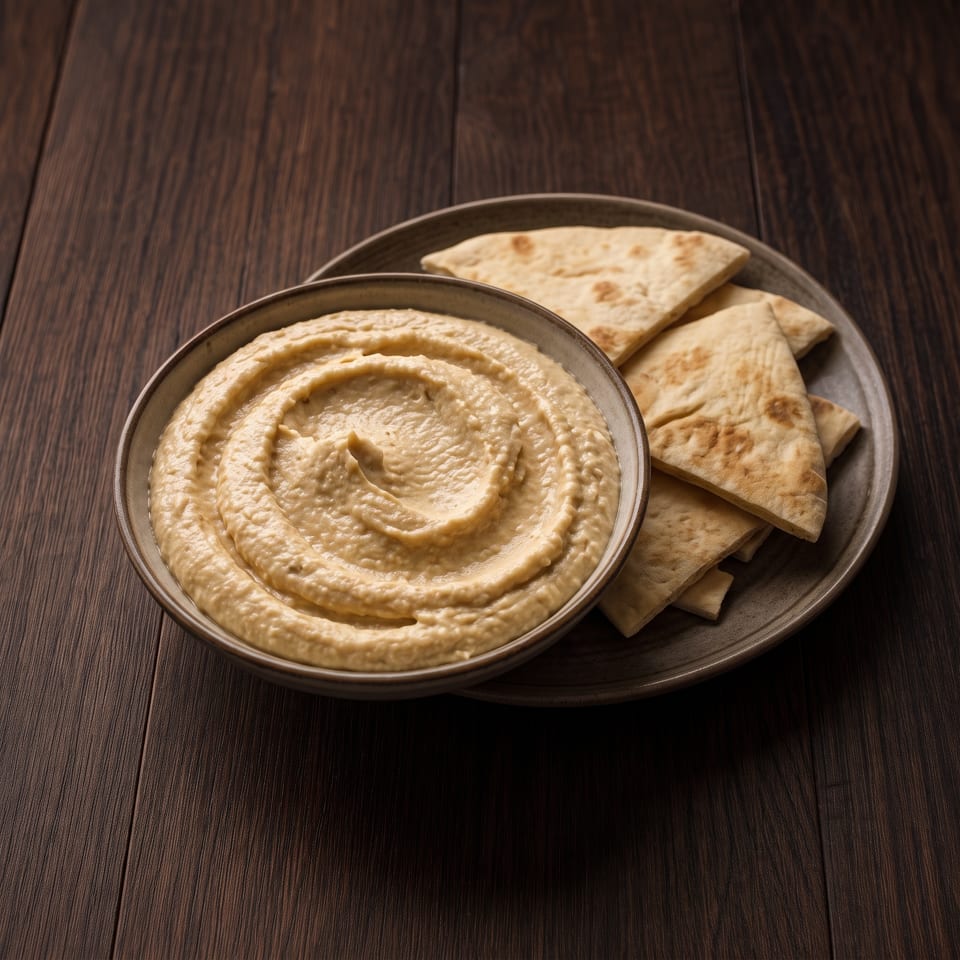 Bowl of creamy hummus with toasted flatbread wedges on a dark wooden table.