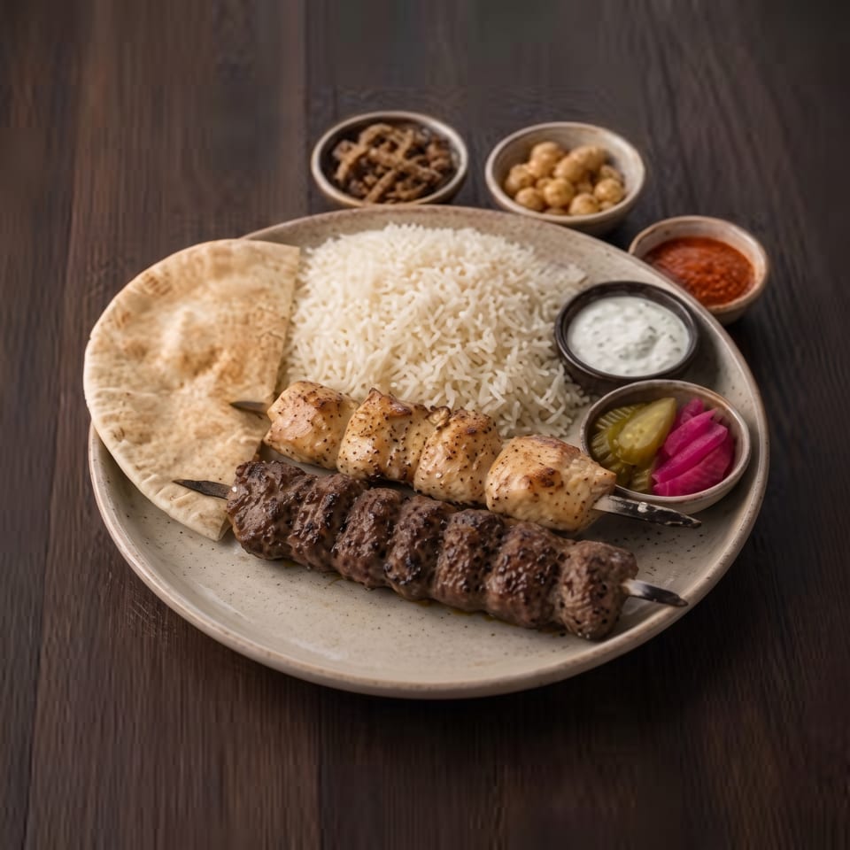 Indian-style mixed grill platter with naan, basmati rice, grilled chicken, seekh kebab, yogurt sauce, chutney, and pickles.